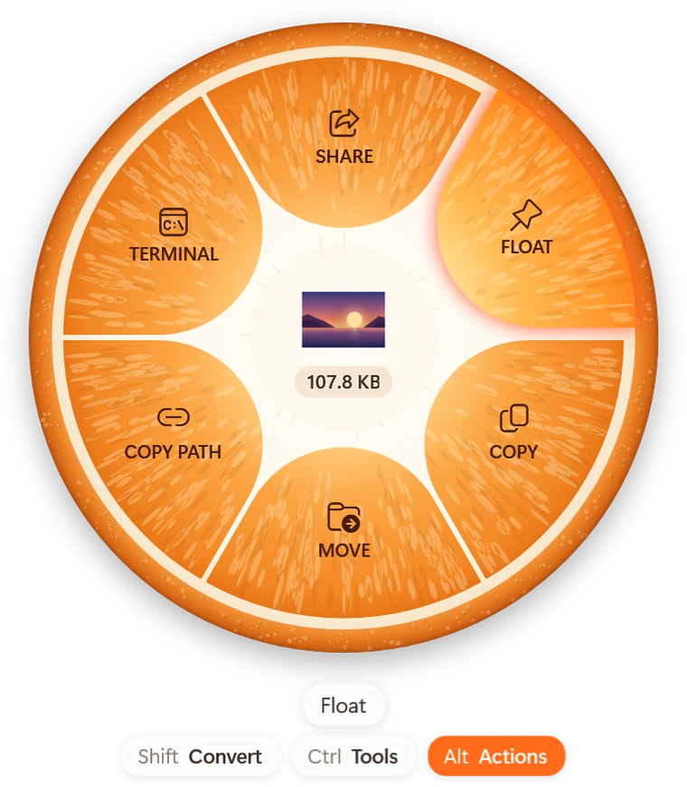 The Actions wheel: Share, Float, Copy, Move, Copy Path and Terminal