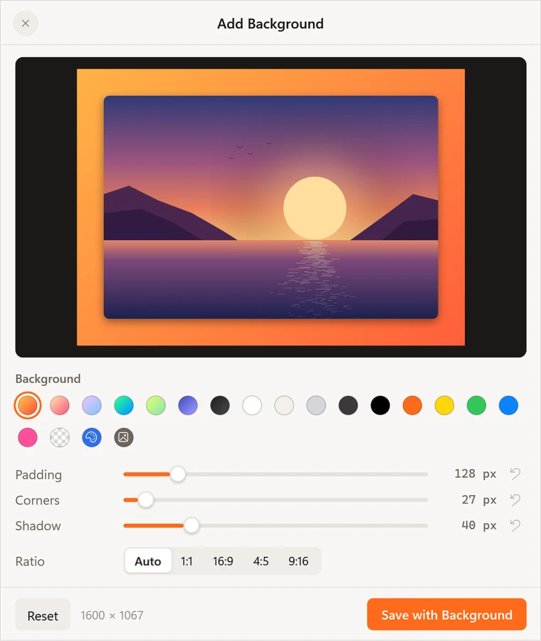 The Add Background window framing a photo on colour
