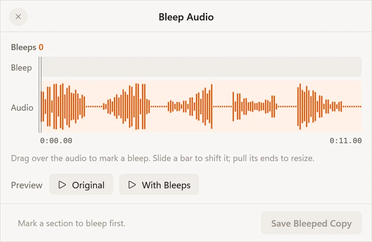 The Bleep Audio window with a waveform