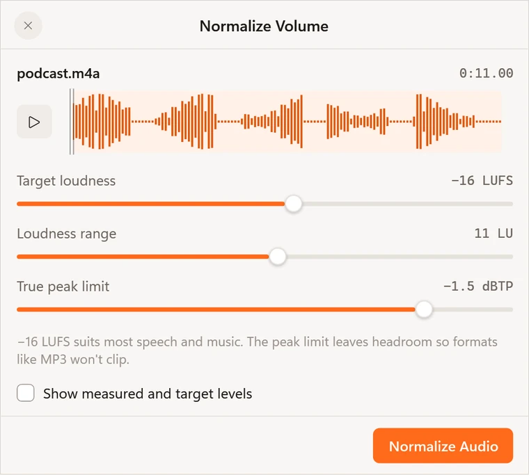 The Normalize Volume window with a podcast waveform
