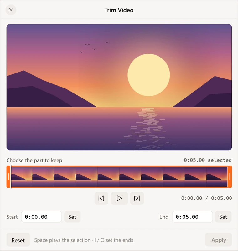 The Trim Video window with a sunset clip and a filmstrip